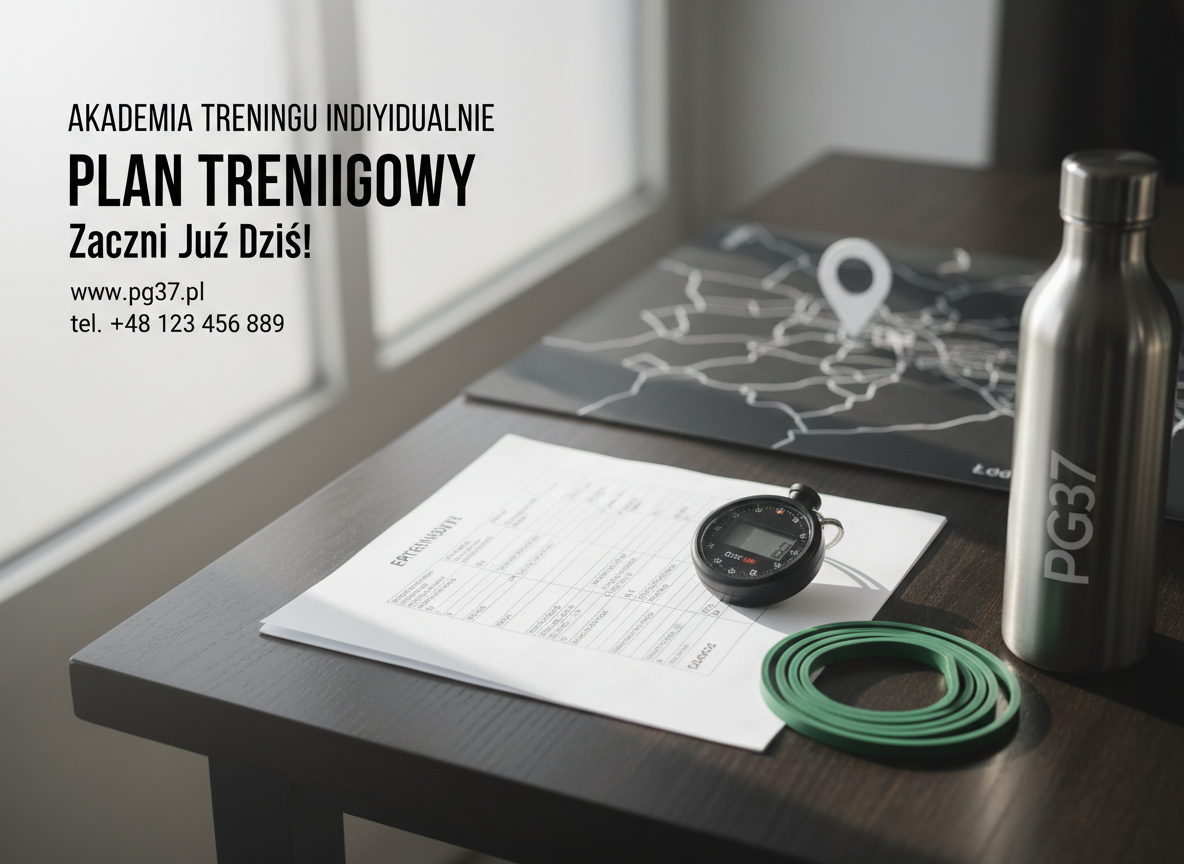 Zbliżenie na starannie ułożony plan treningowy rozłożony na ciemnym, drewnianym blacie biurka, obok niewielkiego stopera, taśmy oporowej i metalowej butelki na wodę z subtelnym logotypem PG37 bez tekstu. Na tle, lekko rozmyte kontury mapy Łodzi i symboliczny znacznik lokalizacji. Światło pochodzi z bocznego okna, tworząc delikatne, kontrastowe refleksy na przedmiotach. Kompozycja w stylu czystego, nowoczesnego realizmu, kadr z góry (bird’s eye view), pozostawiający dużo pustej, jasnej przestrzeni na dodanie czytelnego call-to-action oraz danych kontaktowych Akademii Treningu Indywidualnego.
