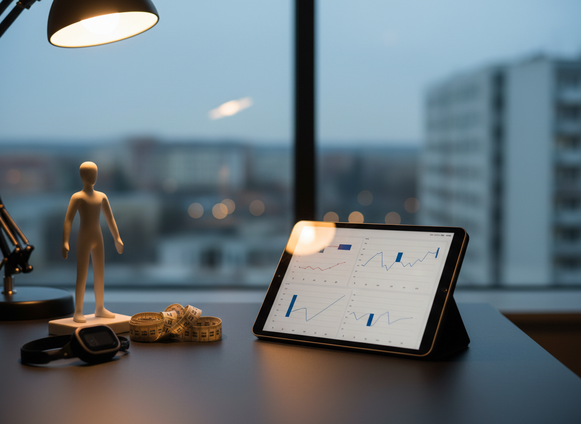 Detalne przedstawienie indywidualnego stanowiska do analizy i planowania treningu: elegancki, czarny tablet na biurku wyświetlający wykresy postępów (bez czytelnego tekstu), obok pulsometr, składana miarka krawiecka i minimalistyczny model sylwetki jako symbol bezosobowego klienta. W tle rozmyta panorama Łodzi widoczna przez duże okno, podkreślająca lokalizację. Ciepłe, punktowe światło lampki biurkowej tworzy przytulny, ale profesjonalny nastrój. Kompozycja w stylu fotograficznego realizmu, kadr z lekkiego skosu, z wyraźnym pierwszym planem i subtelnym bokeh w tle, idealna na sekcję „Jak wygląda współpraca” z miejscem na CTA.